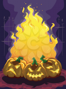 Frame Illustration Featuring a Bonfire Surrounded by Jack-o'-Lanterns