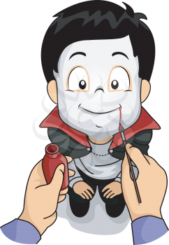 Illustration Featuring a Boy Wearing a Vampire Costume Having Make-up Applied on His Face