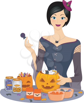 Illustration Featuring a Woman Preparing Halloween Candies