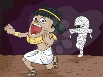Illustration Featuring an Egyptian Man Being Chased by a Mummy