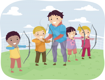Illustration of Kids Taking Archery Lessons From Their Coach