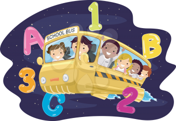 Illustration of Kids Riding a Bus in the Outer Space