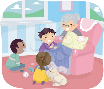 Illustration of Kids Listening to Their Grandmother Tell a Story