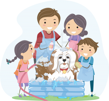 Illustration of a Family Giving Their Pet Dog a Bath
