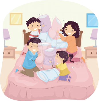 Illustration of a Family Having a Pillow Fight in Bed