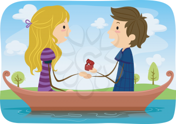 Illustration of a Man Proposing Marriage to His Girlfriend While Out Boating in a Lake