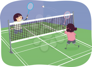 Stickman Illustration of Girls Playing Badminton Indoors