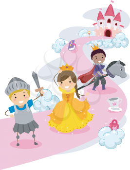 Illustration of Stickman Kids Dressed as Knights Protecting a Make Believe Princess