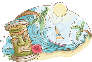 Illustration of a Tropical Beach Decorated With a Tiki Statue