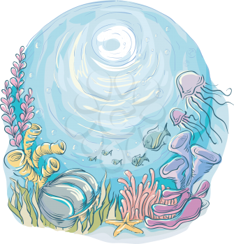 Underwater Illustration of Marine Animals Swimming Around Corals and Seaweeds