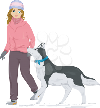 Illustration of a Girl Taking Her Siberian Husky for a Walk