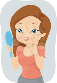 Illustration of a Girl Stressing Over the Pimple on Her Cheek