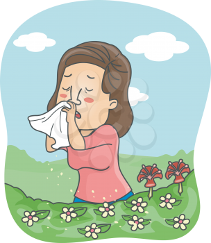 Illustration of a Girl Blowing Her Nose After the Pollen Triggered an Allergic Reaction