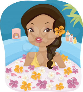 Illustration of a Girl in a Spa Soaking in a Bath Filled With Assorted Flowers