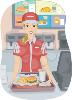 Illustration of a Female Cashier at a Fast Food Restaurant
