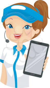 Illustration of a Female Fast Food Attendant Holding a Computer Tablet