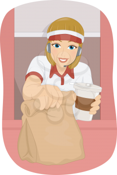 Illustration of a Female Fast Food Attendant Manning the Drive Thru Booth