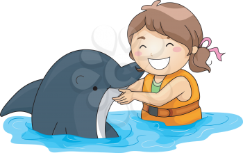 Illustration of a Little Girl Happily Playing With a Dolphin