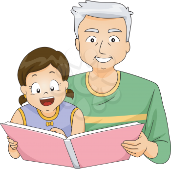 Illustration of a Grandfather Reading a Book to His Granddaughter