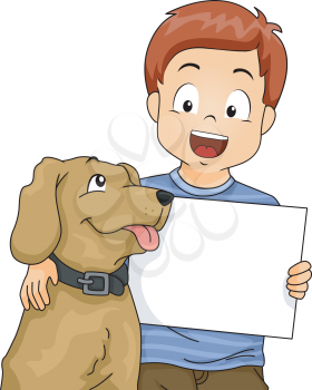 Illustration of a Little Boy Holding a Blank Board While Putting His Arms Around His Dog