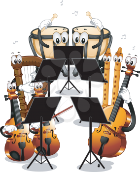 Mascot Illustration Featuring Different Instruments Used in Orchestras
