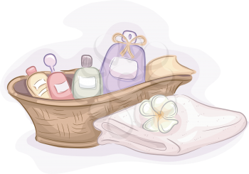 Illustration of Basket Filled with Different Products Used for Massages