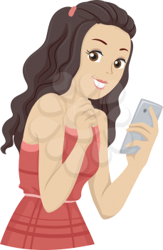 Illustration of a Teen Girl Happily Reading a Message on her Mobile Phone