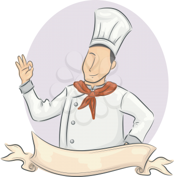 Illustration of a Male Chef with a Ribbon in Front of Him Doing the Okay Sign