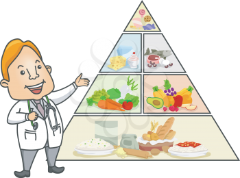 Illustration of a Male Doctor Doing a Lecture on the Food Pyramid