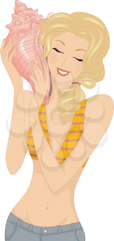Illustration of a Girl in the Beach Listening to a Conch