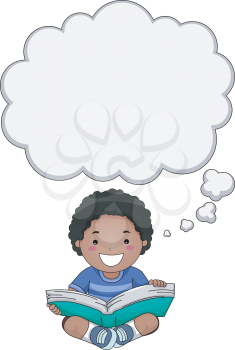 Illustration of a Boy Reading a Book with a Thought Bubble Above His Head