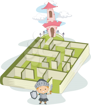 Illustration of a Little Boy Dressed as a Knight Navigating Through a Maze Leading to a Castle