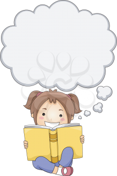 Illustration of a Little Girl Reading a Book While Thought Bubbles Appear Above Her Head