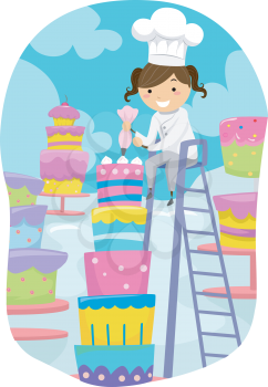 Stickman Illustration of a Little Girl Dressed as a Baker Putting Icing on a Cake
