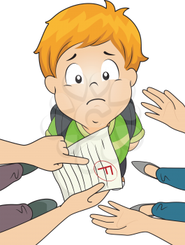 Illustration of a Little Boy Being Scolded by His Parents Over His Failing Grade