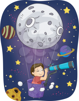 Illustration of a Little Boy in an Air Balloon Peering Through a Telescope