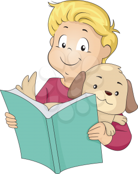 Illustration of a Little Boy Reading a Book to His Pet Dog