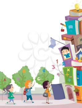 Stickman Illustration of Kids About to Enter a School Made from Stacked Books