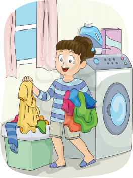 Illustration of a Little Girl Collecting Clothes from the Hamper