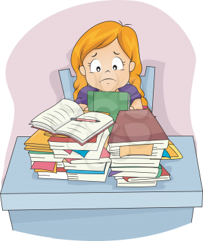 Illustration of a Stressed Little Girl Staring at the Pile of Homework Before Her