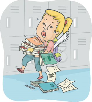 Illustration of an Overworked Teenage Girl Struggling with a Pile of Books