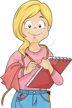 Illustration of a Little Girl Dressed as a Tailor Carrying a Sketchpad