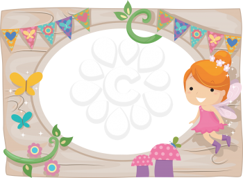 Whimsical Frame Illustration of a Little Fairy Hovering Over a Colorful Garden