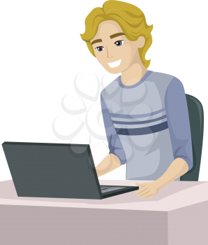 Illustration of a Teenage Guy Smiling Happily While Using His Laptop