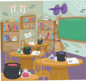 Illustration of a Classroom for Witches Complete with All Sorts of Witchcraft Tools