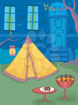 Illustration of a Backyard with a Barbecue Grill Standing Next to a Tent