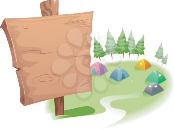 Illustration of a Blank Wooden Sign on Top of a Camp Site