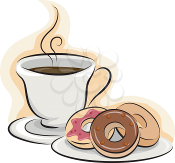 Illustration of a Cup of Coffee Sitting Beside a Plate of Donuts