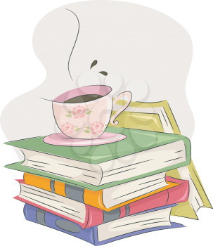 Illustration of a Cup of Coffee Sitting Atop a Pile of Books