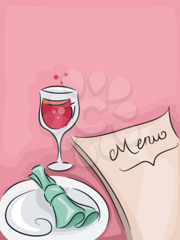 Illustration of a Fine Dining Restaurant Table with a Menu, Plate, and Wineglass on Top